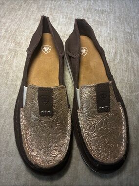 Ariat Men's Brown Suede Loafers with Metallic Embossed Toes